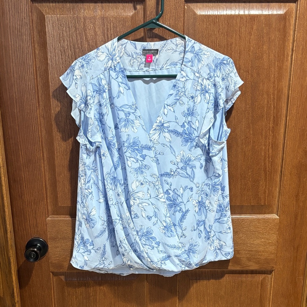 Vince Camuto Light Blue Floral Wrap Blouse with Ruffle Sleeves
